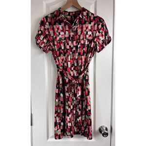 New Directions Shirt Dress Pink Red Black Green Print Tie Belt Women's Petite M